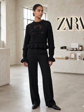 Zara Women's Size S Black Chunky Knit Bell Sleeve Open Weave Cropped Sweater